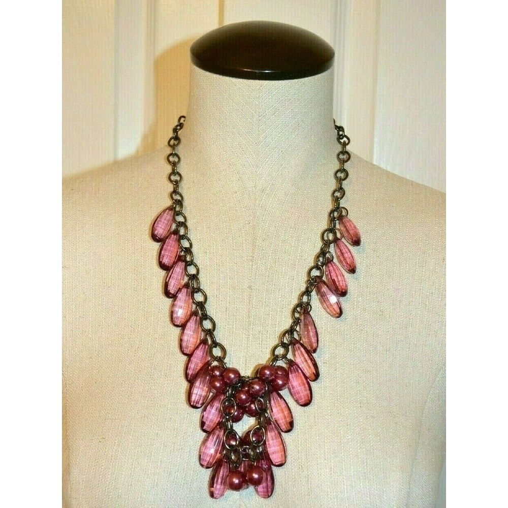 Purple Teardrop Plastic Beaded Necklace 27"